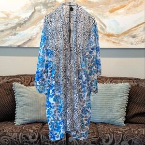 Blue and White Floral Leopard Print Lace Kimono